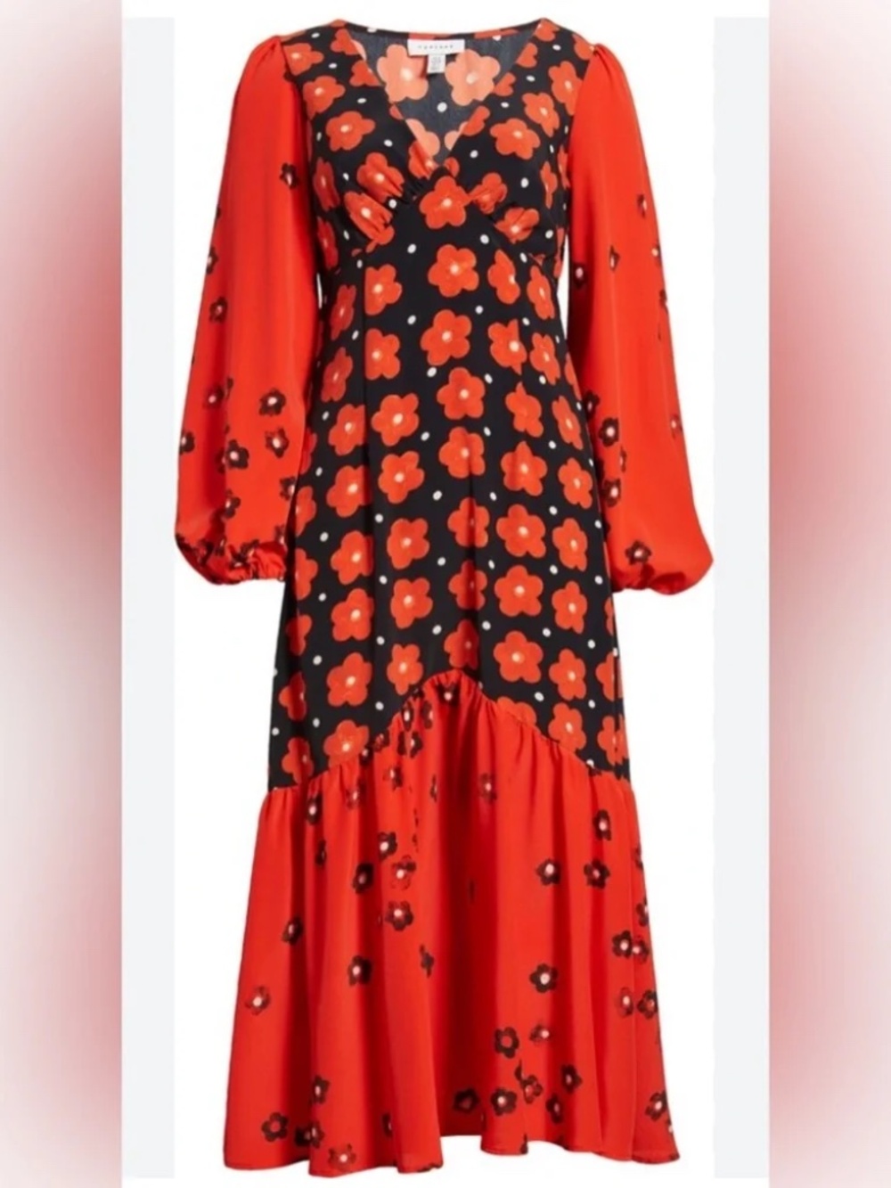 Topshop Long Sleeve Flounced Floral ColorBlock Midi Dress - size 4 - NEW